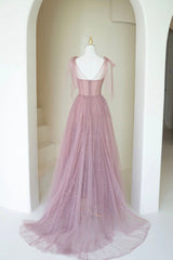 Scoop Neckline Tulle Pink Long Corset Prom Dress, Cute A-Line Evening Party Dress Outfits, Formal Dress Modest