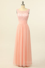 Scoop Pink Lace and Tulle A-line Long Corset Bridesmaid Dress outfit, Bridesmaids Dress With Lace