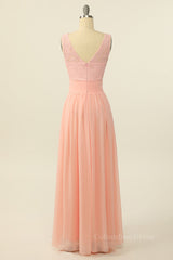 Scoop Pink Lace and Tulle A-line Long Corset Bridesmaid Dress outfit, Bridesmaid Dress With Lace