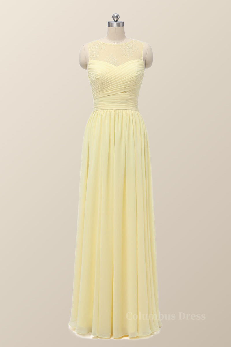 Scoop Yellow Chiffon Pleated Long Corset Bridesmaid Dress outfit, Evening Dresses Cheap