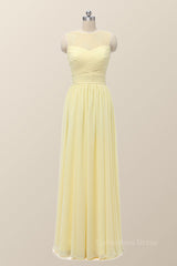 Scoop Yellow Chiffon Pleated Long Corset Bridesmaid Dress outfit, Evening Dresses Cheap