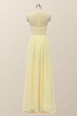 Scoop Yellow Chiffon Pleated Long Corset Bridesmaid Dress outfit, Evening Dress Elegant