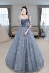 Blue Sparkly Tulle Corset Prom Dress with Long Sleeves, New Style Long Dress with Beading outfit, Backless Dress
