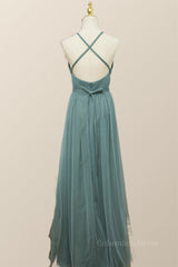 Sea Glass Tulle Corset Bridesmaid Dress with Cross Back Gowns, Prom Dress Colors