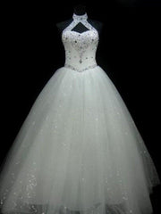 Sequin Corset Ball Gown Sleeveless Floor Length Beading Tulle Halter Corset Wedding Dresses outfit, Wedding Dress Summer