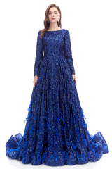 Sequins Long Sleeve Feather A-line Floor Length Corset Prom Dresses outfit, Formal Dresses Cocktail