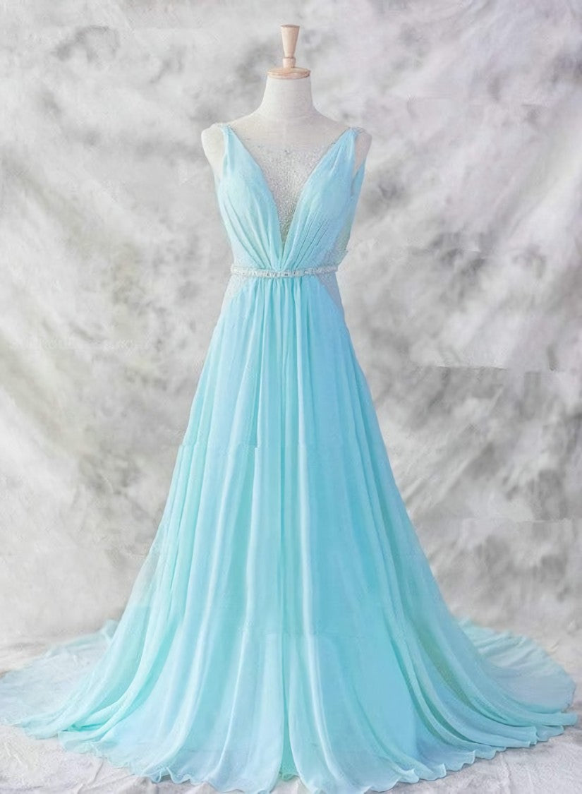Sexy Light Blue Chiffon Backless Long Evening Gown, Blue Party Dress Outfits, Party Dress New