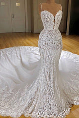 Sexy Long Mermaid V-neck Spaghetti Straps Appliques Lace Corset Wedding Dress outfit, Wedding Dresses Elegant Simple