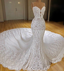 Sexy Long Mermaid V-neck Spaghetti Straps Appliques Lace Corset Wedding Dress outfit, Wedding Dress Elegant Simple