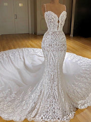 Sexy Long Mermaid V-neck Spaghetti Straps Appliques Lace Corset Wedding Dress outfit, Wedding Dress Classy Elegant