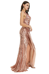 Rose Gold One Shoulder with Side Slit Corset Prom Dresses outfit, Bridesmaid Dress Winter