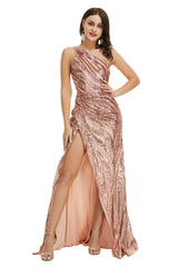 Rose Gold One Shoulder with Side Slit Corset Prom Dresses outfit, Bridesmaids Dresses Winter