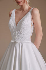 V Neck Sleeveless Satin Handmade Back Corset Wedding Dresses outfit, Wedding Dresses Outlet