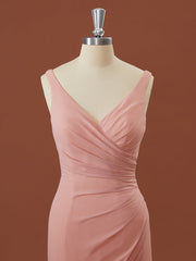 Sheath Chiffon V-neck Pleated Floor-Length Corset Bridesmaid Dress outfit, Formal Dress For Sale