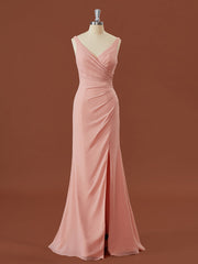 Sheath Chiffon V-neck Pleated Floor-Length Corset Bridesmaid Dress outfit, Formal Dress Shops