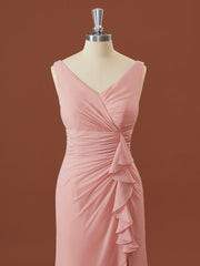 Sheath Chiffon V-neck Pleated Floor-Length Corset Bridesmaid Dress outfit, Formal Dress Gown