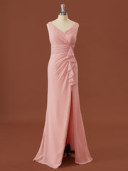 Sheath Chiffon V-neck Pleated Floor-Length Corset Bridesmaid Dress outfit, Formal Dresses For Weddings