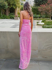 Sheath/Column Halter Floor-Length Velvet Sequins Corset Prom Dresses With Leg Slit outfit, Prom Dress Long