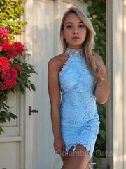 Sheath/Column Halter Short/Mini Lace Corset Homecoming Dresses With Beading outfit, Prom Dress Sleeves