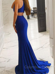 Sheath/Column Halter Sweep Train Jersey Corset Prom Dresses With Leg Slit outfit, Bridesmaid Dress Trends