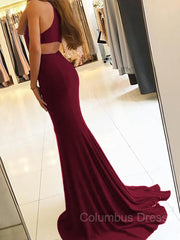 Sheath/Column Halter Sweep Train Jersey Corset Prom Dresses With Leg Slit outfit, Bridesmaids Dresses Colors