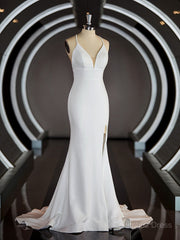 Sheath/Column Halter Sweep Train Stretch Crepe Corset Wedding Dresses with Leg Slit outfit, Wedding Dresses With Color