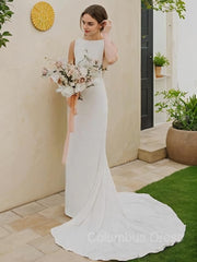 Sheath/Column Jewel Sweep Train Stretch Crepe Corset Wedding Dresses outfit, Wedding Dress Dresses