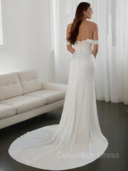 Sheath/Column Off-the-Shoulder Court Train Charmeuse Corset Wedding Dresses With Leg Slit outfit, Wedding Dress With Sleeved