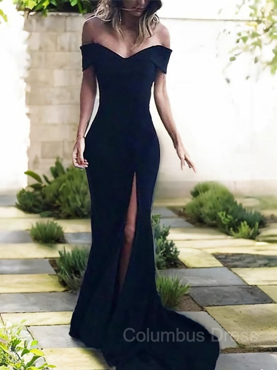 Sheath/Column Off-the-Shoulder Court Train Jersey Corset Prom Dresses With Leg Slit outfit, Bridesmaids Dress Styles