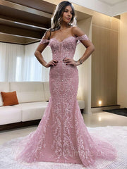 Sheath/Column Off-the-Shoulder Court Train Lace Corset Prom Dresses With Appliques Lace outfit, Evening Dresses 90039