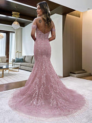 Sheath/Column Off-the-Shoulder Court Train Lace Corset Prom Dresses With Appliques Lace outfit, Evening Dress Wholesale