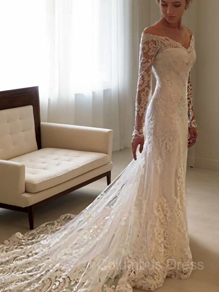 Sheath/Column Off-the-Shoulder Court Train Lace Corset Wedding Dresses With Appliques Lace outfit, Wedding Dresses A Line Romantic