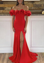 Sheath/Column Off-the-Shoulder Sleeveless Sweep Train Satin Corset Prom Dress With Ruffles Split Gowns, Prom Inspo