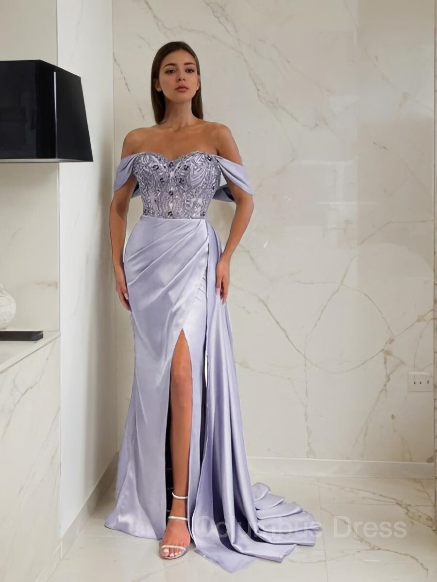 Sheath/Column Off-the-Shoulder Sweep Train Elastic Woven Satin Corset Prom Dresses With Leg Slit outfit, Party Outfit