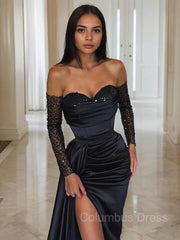 Sheath/Column Off-the-Shoulder Sweep Train Elastic Woven Satin Corset Prom Dresses With Leg Slit outfit, Long Sleeve Dress