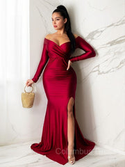 Sheath/Column Off-the-Shoulder Sweep Train Jersey Evening Dresses With Leg Slit outfit, Party Dress Sleeves