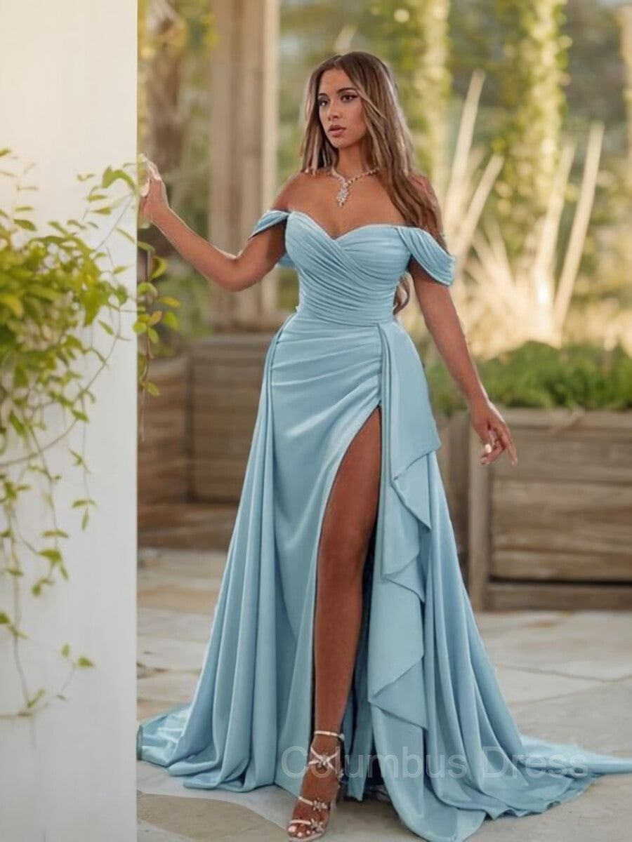 Sheath/Column Off-the-Shoulder Sweep Train Jersey Corset Prom Dresses With Leg Slit outfit, Bridesmaid Dresses 2046