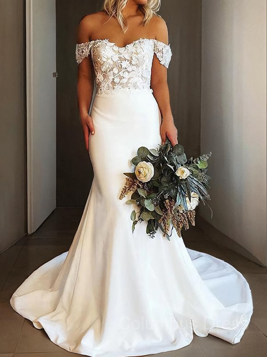 Sheath/Column Off-the-Shoulder Sweep Train Stretch Crepe Corset Wedding Dresses With Appliques Lace outfit, Wedding Dress Idea