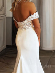 Sheath/Column Off-the-Shoulder Sweep Train Stretch Crepe Corset Wedding Dresses With Appliques Lace outfit, Wedding Dresses Ideas