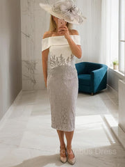 Sheath/Column Off-the-Shoulder Tea-Length Lace Mother of the Bride Dresses outfit, Pleated Dress