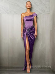 Sheath/Column One-Shoulder Floor-Length Satin Corset Prom Dresses With Leg Slit outfit, Non Traditional Wedding Dress