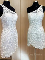 Sheath/Column One-Shoulder Short/Mini Lace Applique Corset Homecoming Dresses outfit, Bridesmaid Dress Tulle