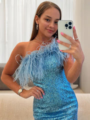 Sheath/Column One-Shoulder Short/Mini Sequins Corset Homecoming Dresses With Feather outfit, Homecoming Dress Classy