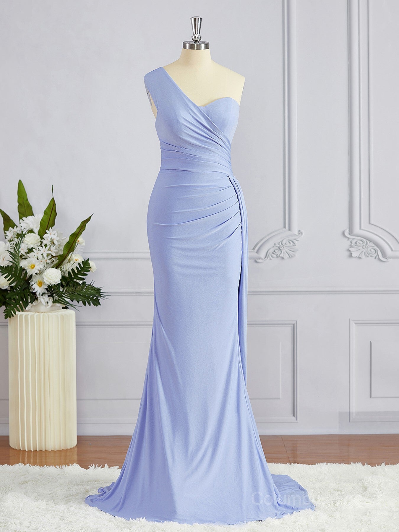 Sheath/Column One-Shoulder Sweep Train Jersey Corset Bridesmaid Dresses outfit, Prom Dress Classy