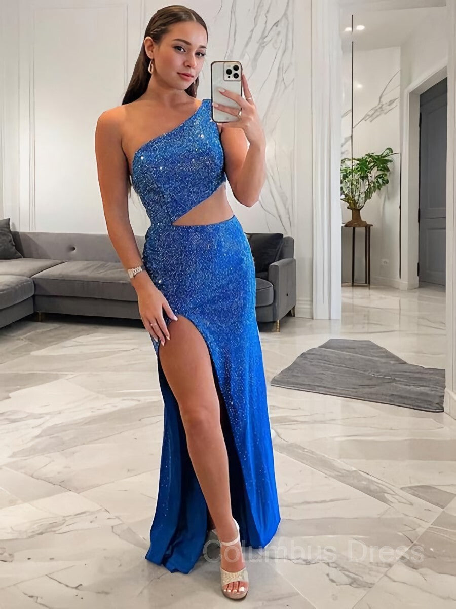 Sheath/Column One-Shoulder Sweep Train Jersey Corset Prom Dresses With Leg Slit outfit, Prom Dress Tight