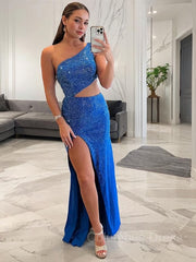 Sheath/Column One-Shoulder Sweep Train Jersey Corset Prom Dresses With Leg Slit outfit, Prom Dress Tight