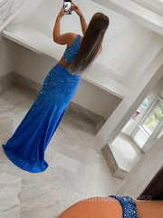 Sheath/Column One-Shoulder Sweep Train Jersey Corset Prom Dresses With Leg Slit outfit, Prom Dress Gown