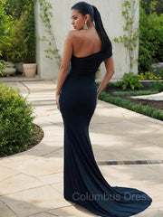 Sheath/Column One-Shoulder Sweep Train Jersey Corset Prom Dresses With Leg Slit outfit, Party Dress Styles