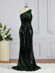 Sheath/Column One-Shoulder Sweep Train Sequins Corset Bridesmaid Dresses outfit, Prom Dressed Ball Gown