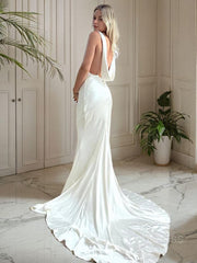 Sheath/Column Scoop Court Train Silk like Satin Corset Wedding Dresses outfit, Wedding Dress Under 107